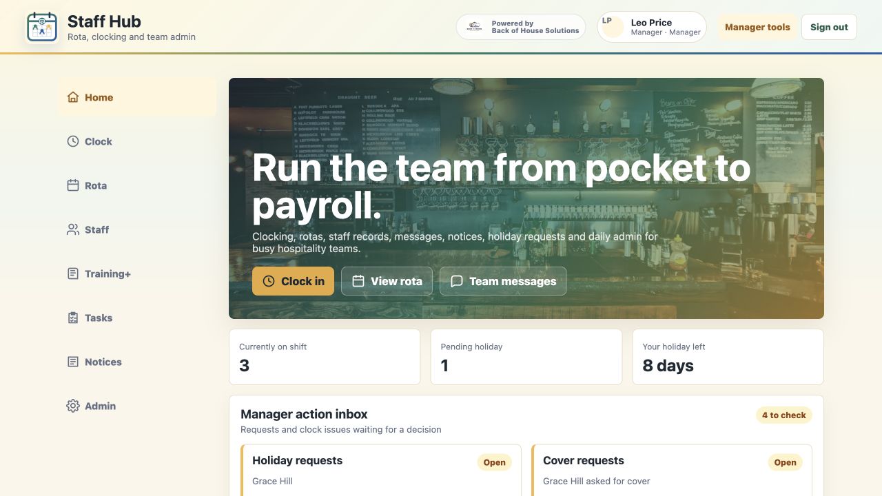 Staff Hub manager dashboard showing clocking, holidays, cover requests and team actions